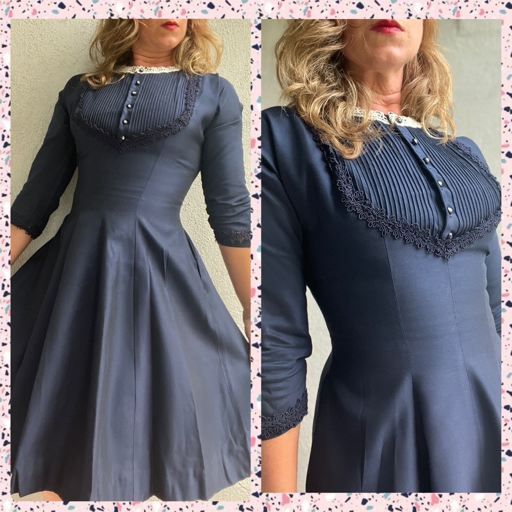 Vintage 1950s Fashioned by Smartcraft Navy Blue Fit And Flair Satin Dress Sz 2/4